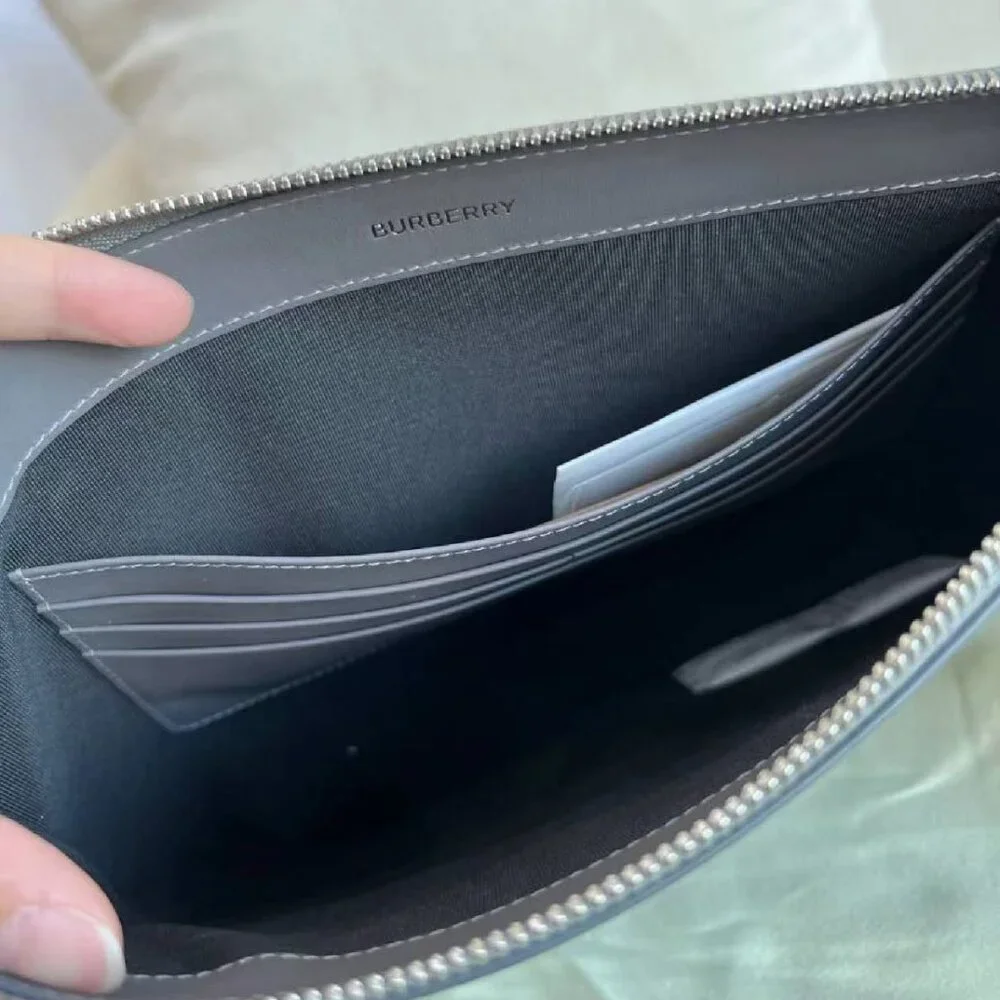 NWT BURBERRY Charcoal Grey Leather Case Clutch
